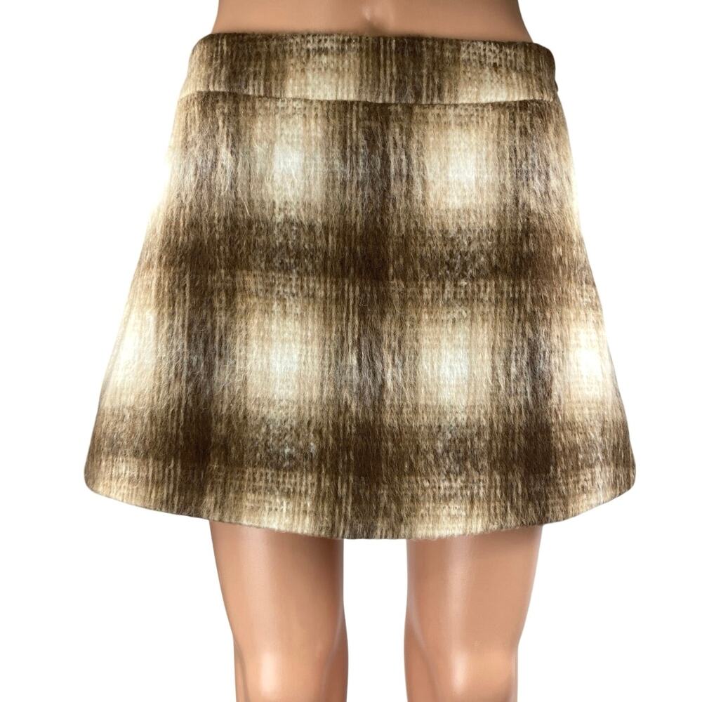 VRG Grl Brown Cream Faux Fur Plaid Checkered Side Zip Mini A-Line Skirt Size 8